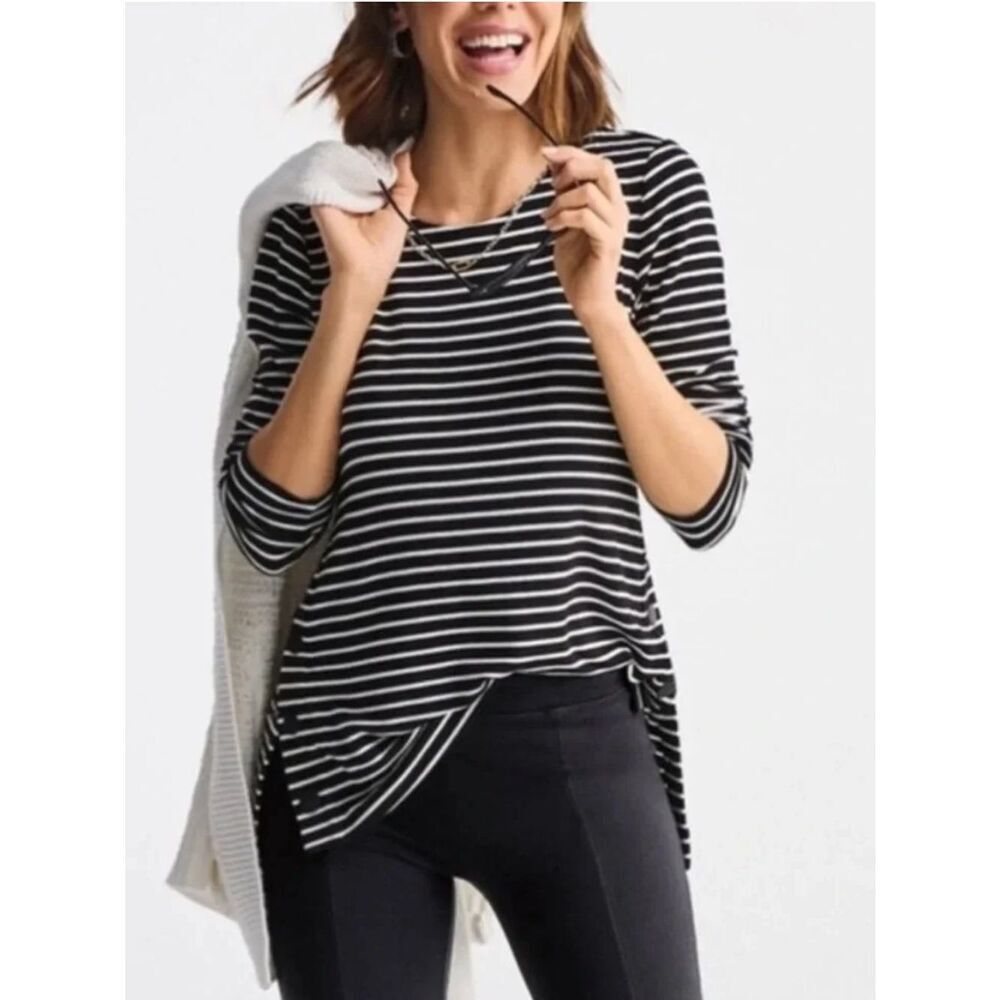 Cabi Black White Striped Side Snap Long Sleeve Top Womens Medium